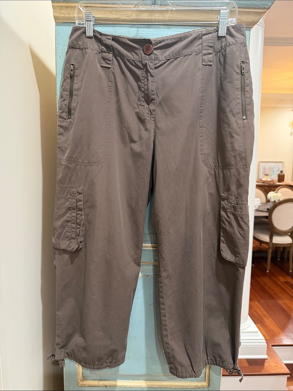 J Jill Cargo Capri Pants 10P Petite Brown Cotton Tie Hem Utility Zipper Pocket